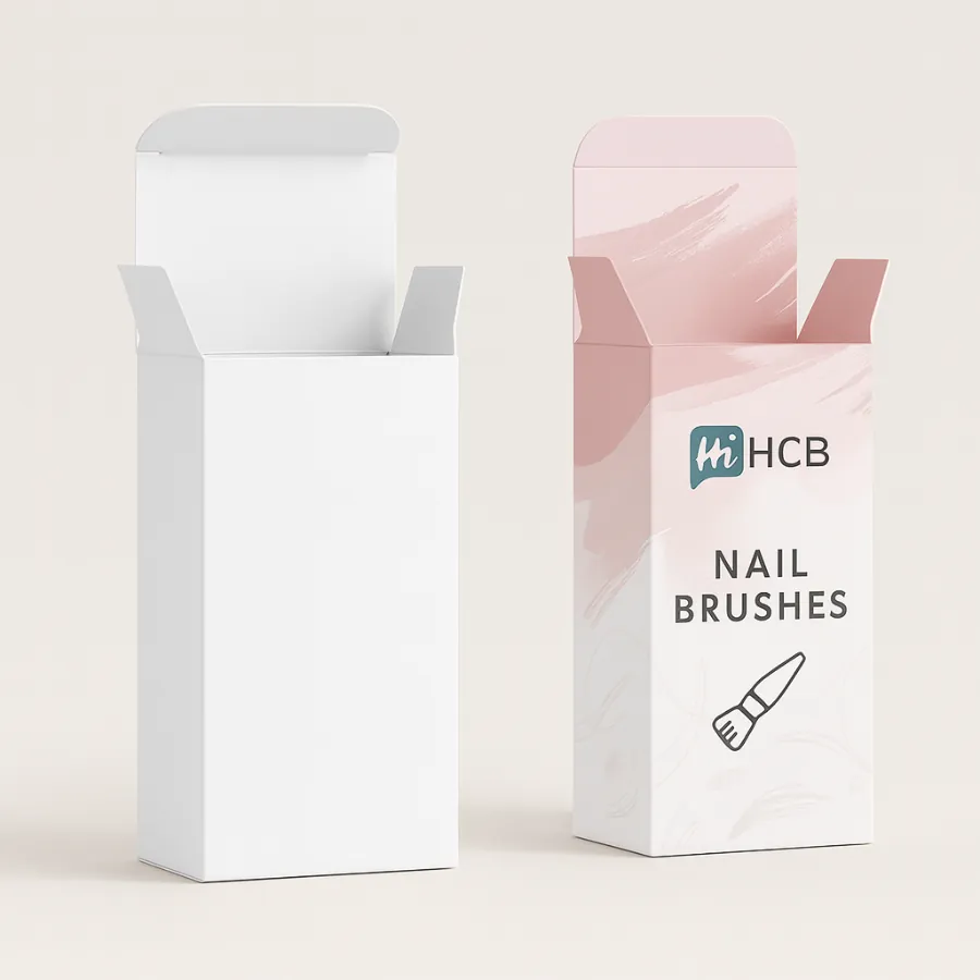 Two tall- slim cardboard cartons- one plain white and one with pink watercolour branding designs-